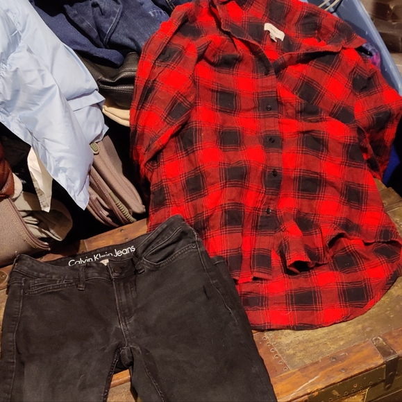 Calvin Klein Women's Jeans Ultimate SkinnyJeans -black & red flannel CK shirt - Picture 1 of 10